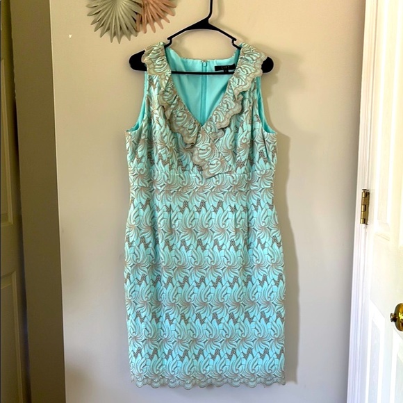Alex Marie Turquoise Elegant Blue Lace Shift Dress - 16 - Picture 1 of 8